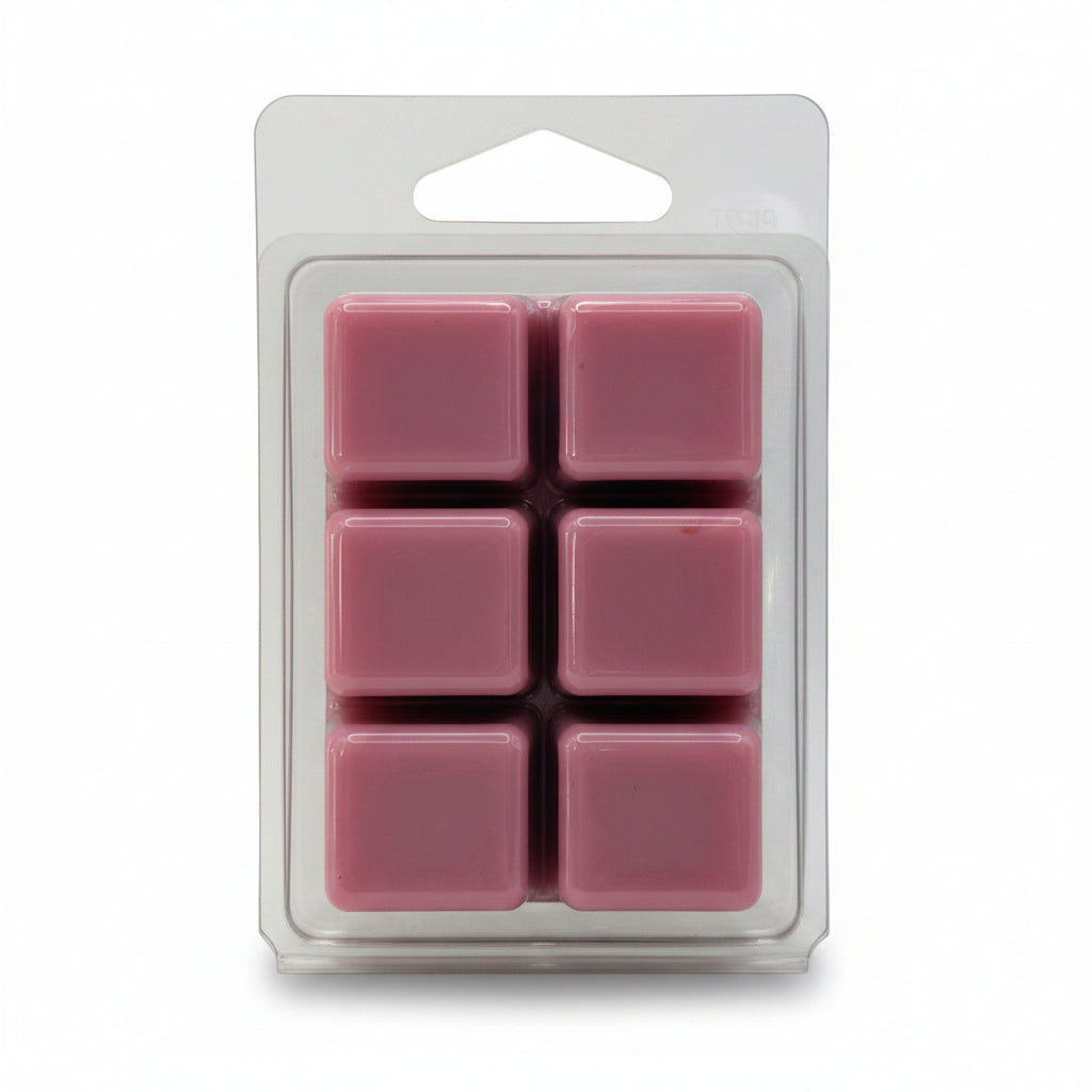 Six pink wax melts in a clear plastic clamshell package on a light gray background.