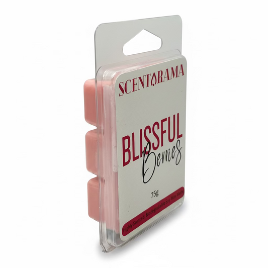 A package of Scentarama Blissful Berries wax melts in a clear plastic clamshell with a white and red label, standing upright on a light gray background.