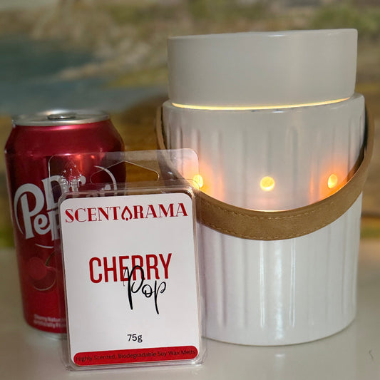 Cherry Pop Soy Wax Melt Clamshell Photo with leather handle warmer
