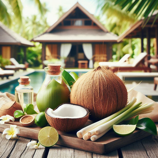 Tropical coconut, lime and lemongrass scene depicting the Coconut Lemongrass wax melt fragrance