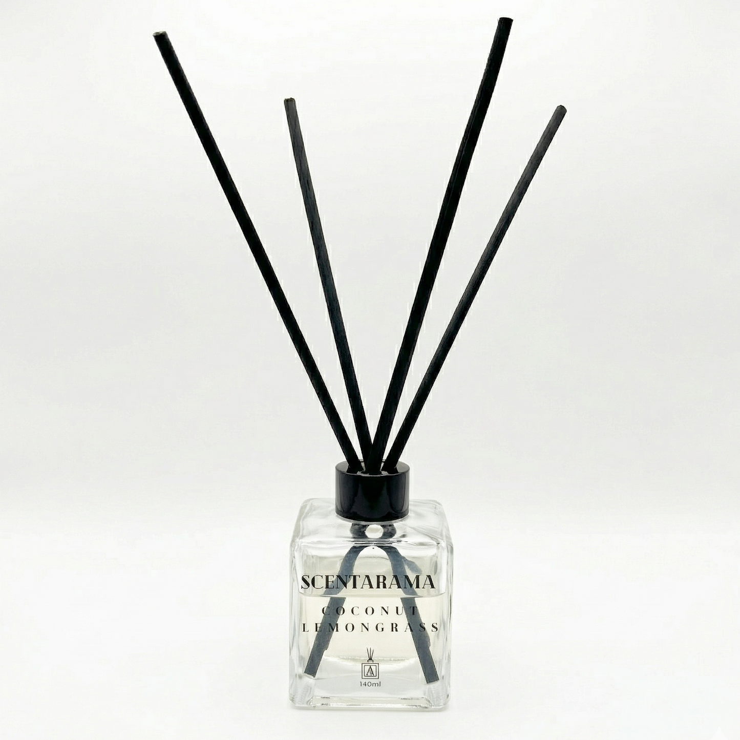 Scentarama diffuser with black sticks on a white background