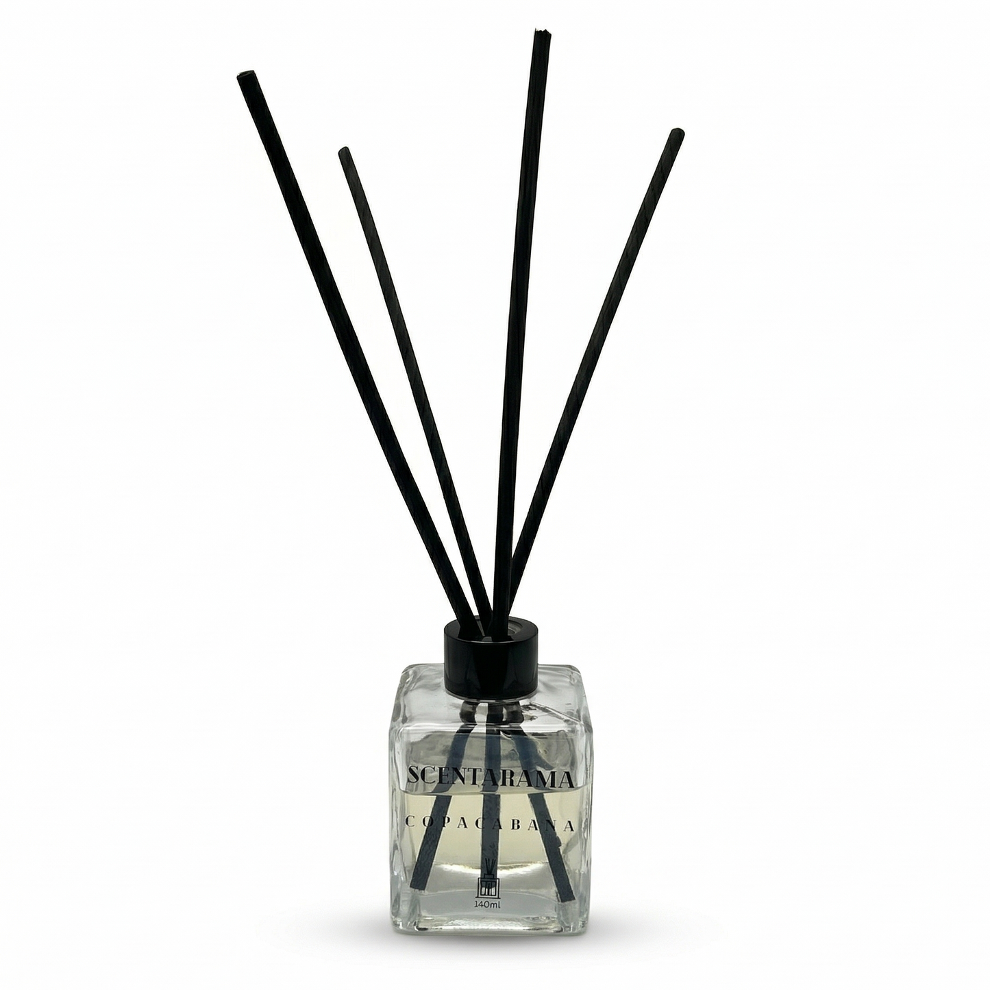 Reed diffuser in Copacabana Scent with black sticks in a clear bottle on a white background