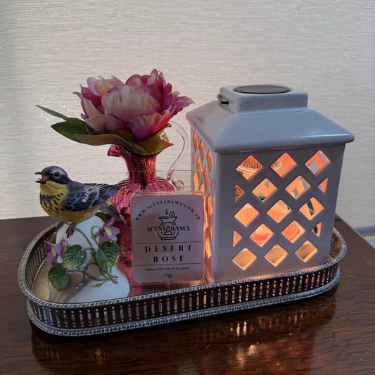 Desert Rose Clamshell Soy Wax Melts image with Trellis Lantern Wax Melt Warmer and decorative trinkets on a tray