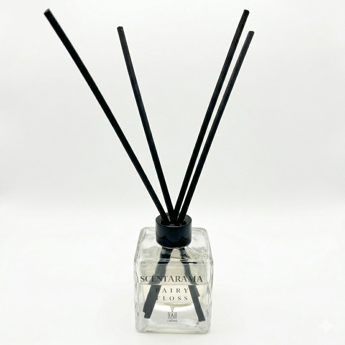 Scentarama Fairy Floss Reed diffuser with black sticks on a white background