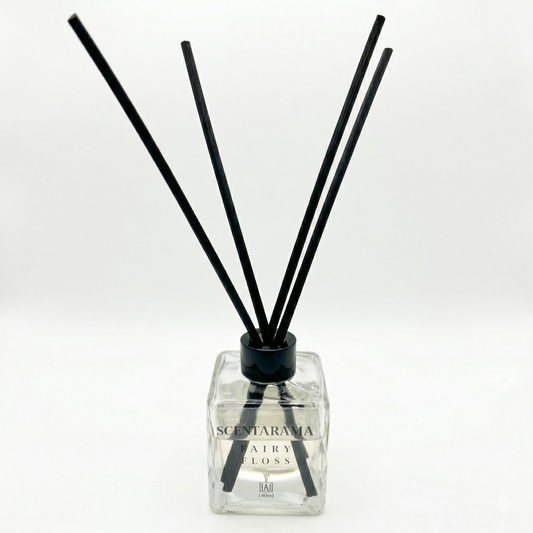 Scentarama Fairy Floss Reed diffuser with black sticks on a white background