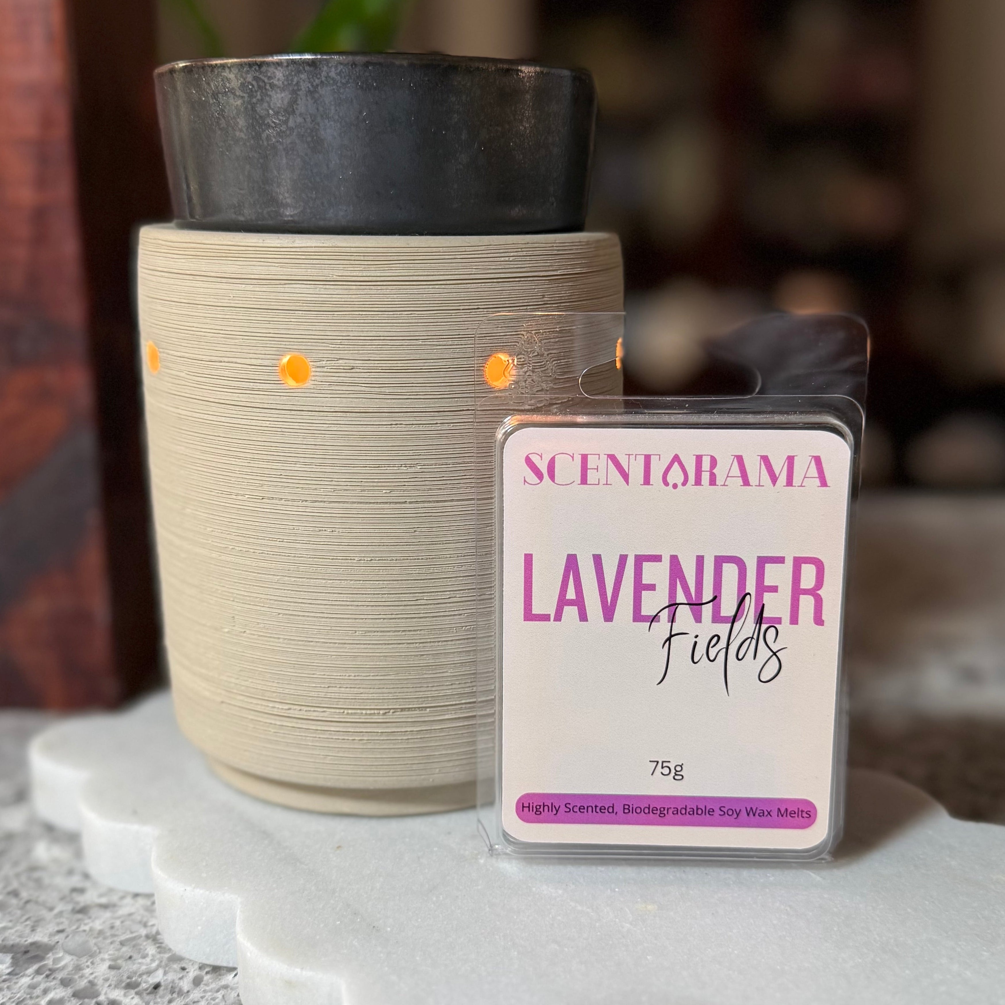 A candle warmers Australia in a textured cream-colored ceramic electric Wax melter container with a dark gray bowl sits on a white scalloped stone tray, alongside a packaged Scentarama Lavender Fields packet of wax melts.