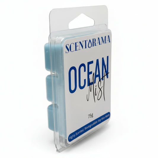 A packaged Scentarama Ocean Mist Wax Melt in clear plastic Clamshell and a white label featuring blue text, resting on a plain light white background.