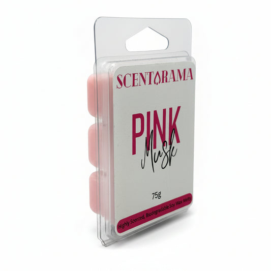 Scentarama Pink Musk fragrance wax melts in a clear plastic hanging blister pack, showing the side view and a white label with red and black text.
