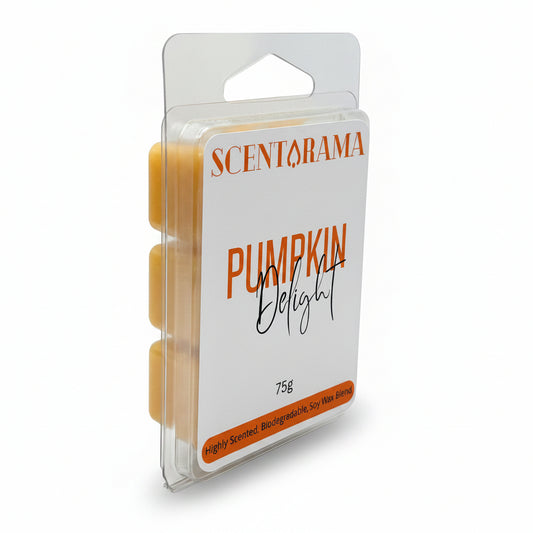 A 75g package of Scentarama Pumpkin Delight wax melts in a clear plastic clamshell container with three visible yellow wax tabs and a white label featuring orange and black text.