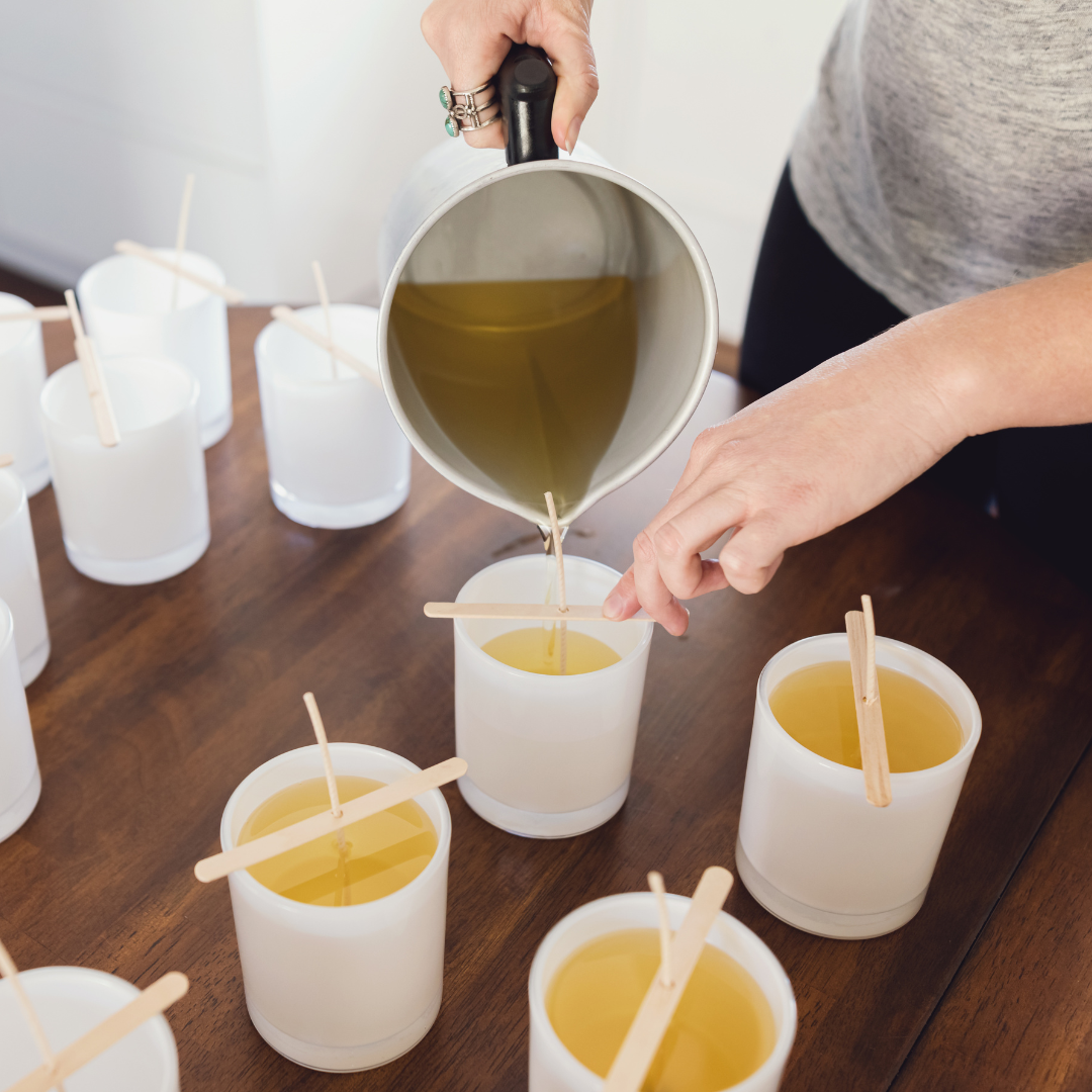 Pouring soy wax into candle jars at Scentarama's candle making class in Neerabup, Perth