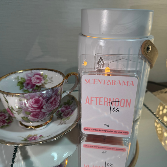 Afternoon Tea Soy Wax Melt Photo with a tea cup and wax melt warmer in image