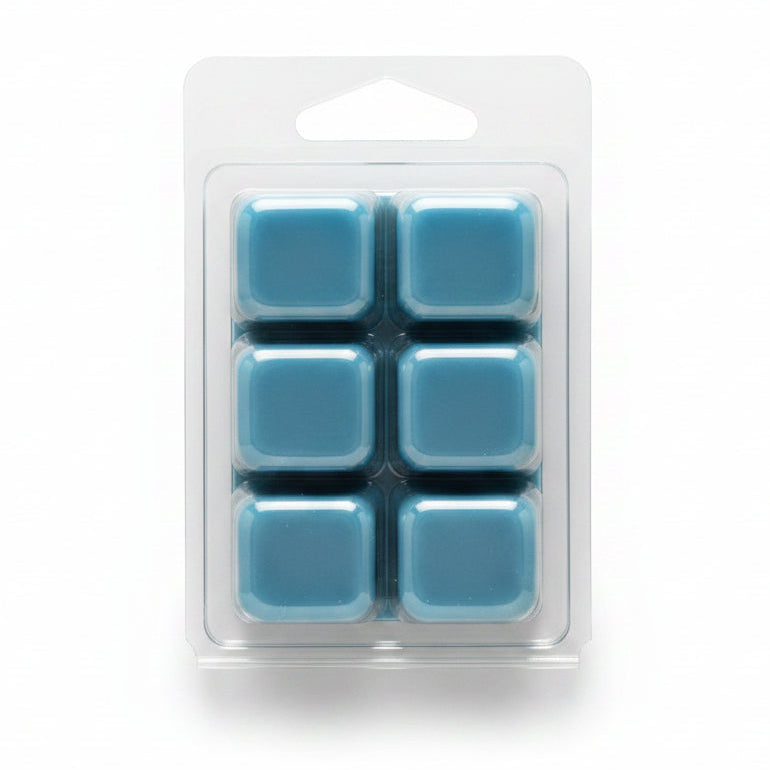 Six blue Aloha State of Mind soy wax melts in a clear plastic clamshell package with a hanger tab, photographed against a plain light white background.