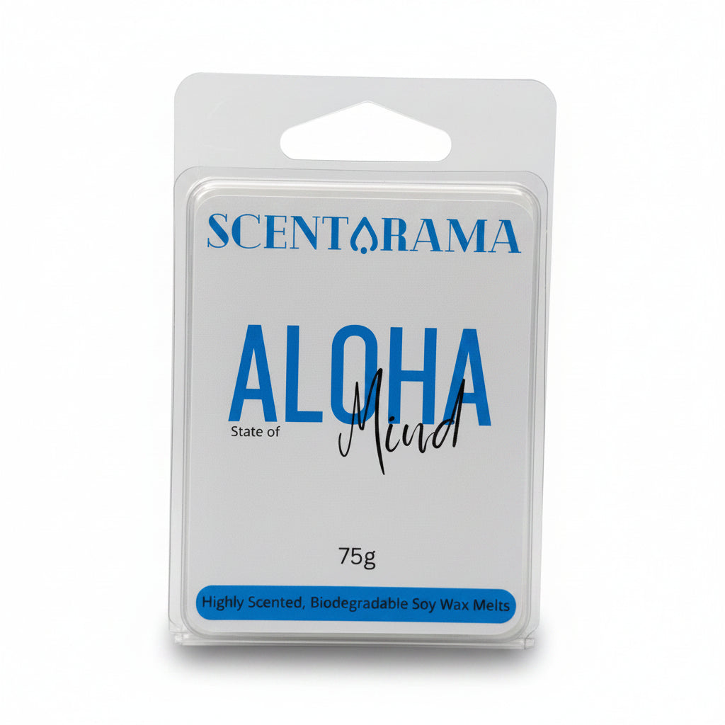 A 75g package of Scentarama Aloha Mind soy wax melts, featuring a white label with blue text and a black cursive signature, in a clear plastic clamshell pack against a light white background.