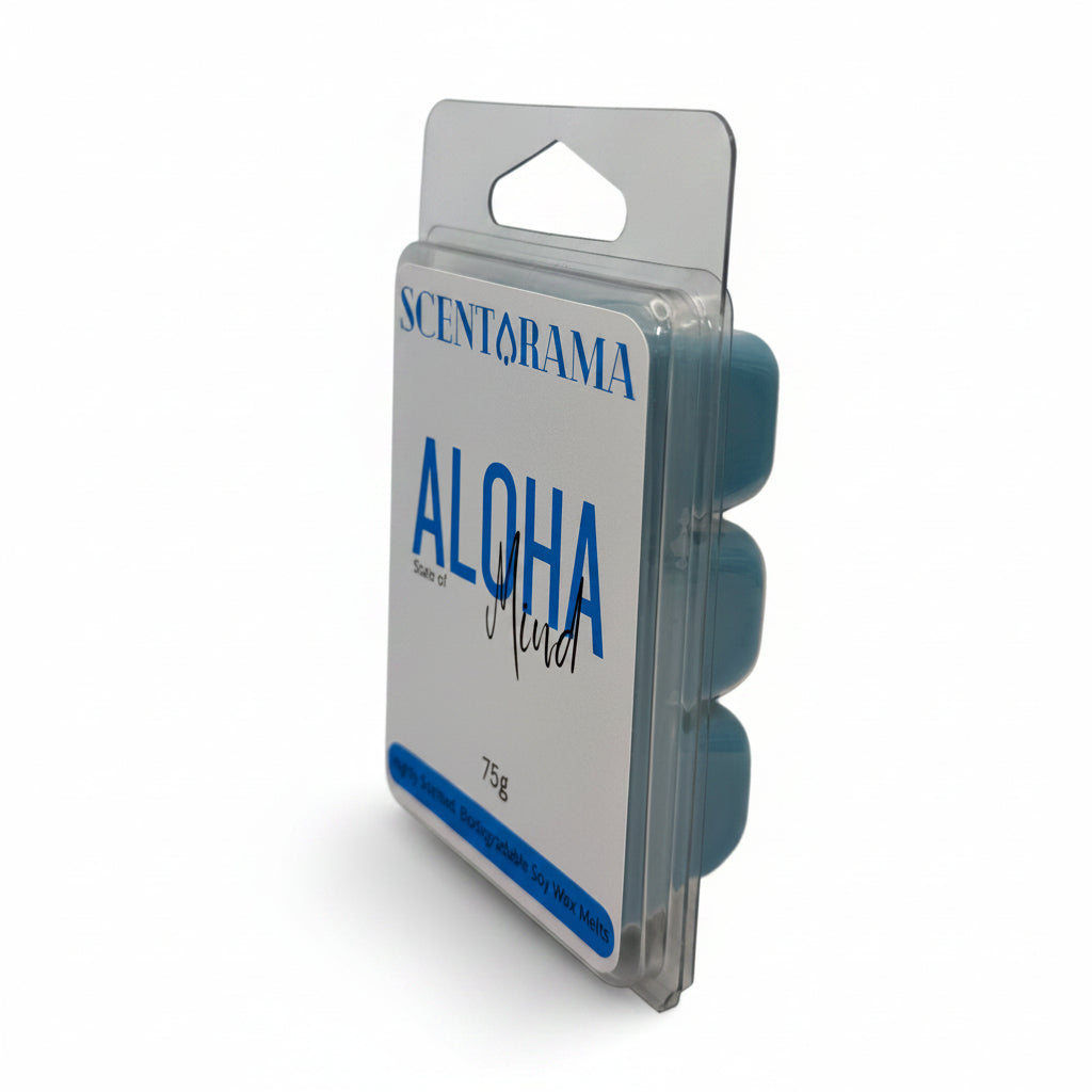 A retail package of Scentarama Aloha State of Mind Soy Wax Melts in a clear plastic clamshell with a white and blue label, standing upright on a light gray surface.
