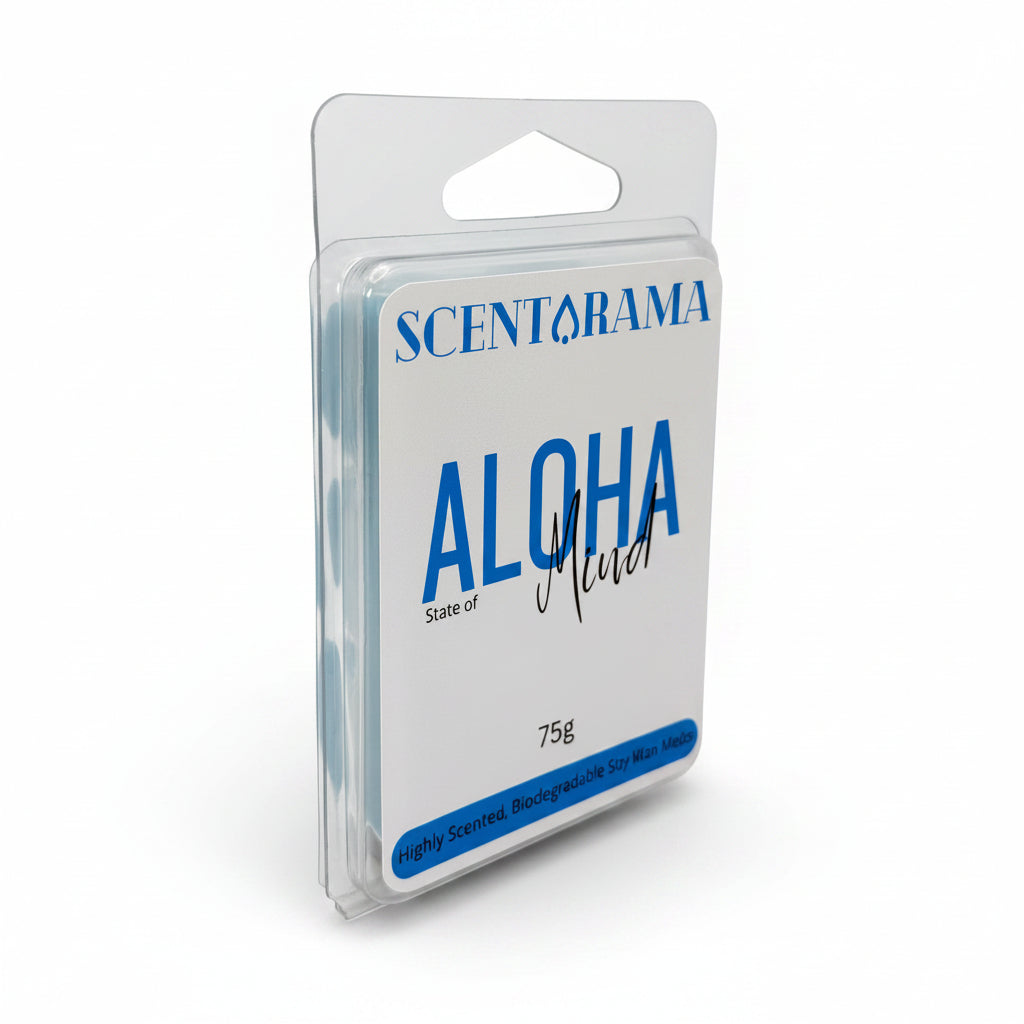 A package of Scentarama Aloha State of Mind scented soy wax melts , 75g, in a clear plastic hanging blister pack with a white and blue label.