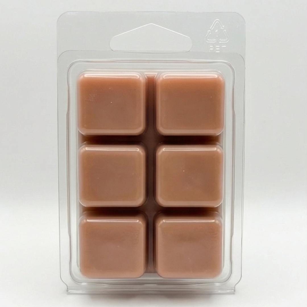 Back of pack of six square Apple & Walnut Scroll brown wax melts in a clear plastic packaging on a white background
