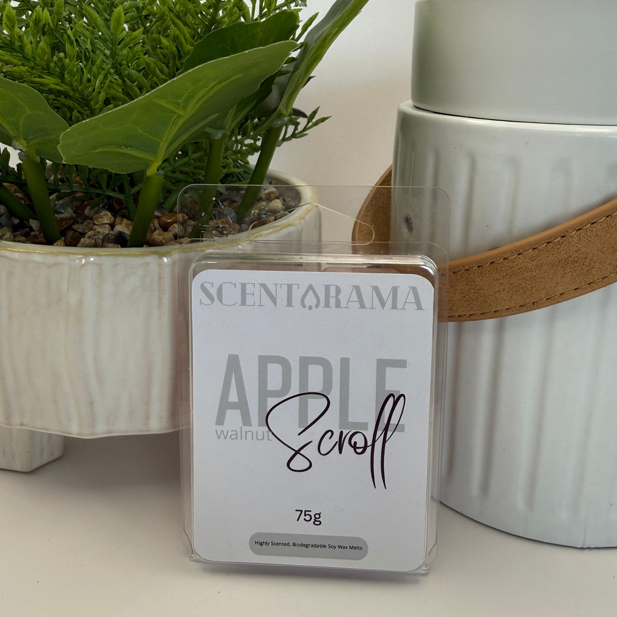 Apple and Walnut Scroll Soy Wax Melts by Scentarama Propped up against the leather handle warmer and a potted plant 