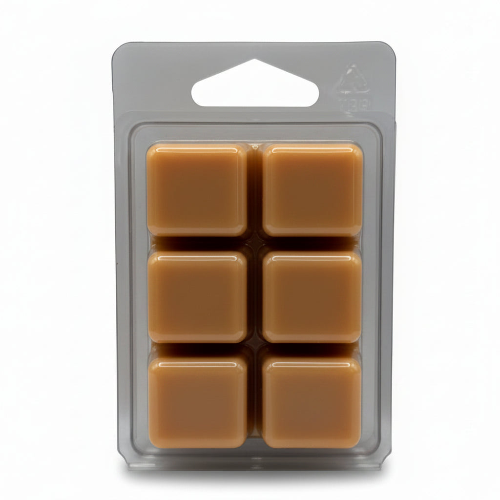 Six square tan coloured Apple and Walnut Scroll Soy wax melts by Scentarama in a clear plastic clamshell package on a light gray background.