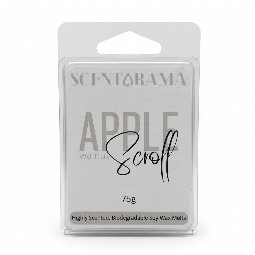 Scentarama Apple Scroll soy wax melts in a clear plastic clamshell package with a white label, photographed against a neutral light gray background.
