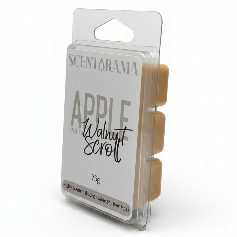 Scentarama Apple Walnut Scalloped soy wax melts in a clear plastic clamshell package with a white label and three visible tan wax melts.