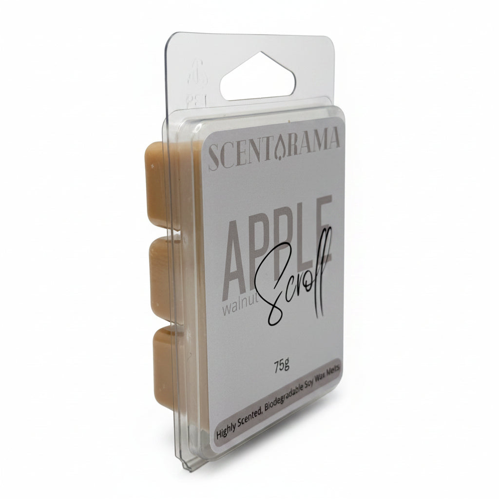 Scentarama Apple Walnut wax melts in a clear plastic clamshell package with three beige wax tabs visible and a white label featuring gray and black text.