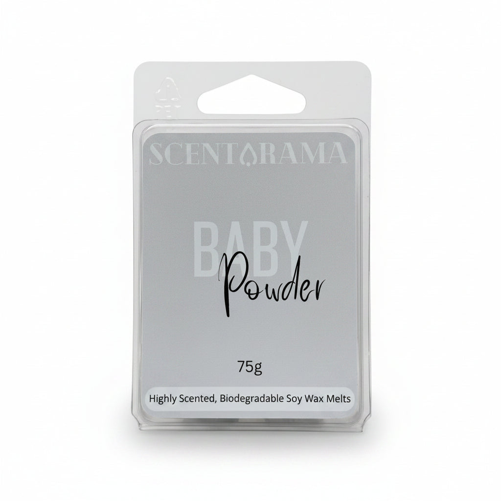 Scentarama Baby Powder soy wax melts in a clear plastic clamshell package with a white label, photographed against a neutral light gray background.