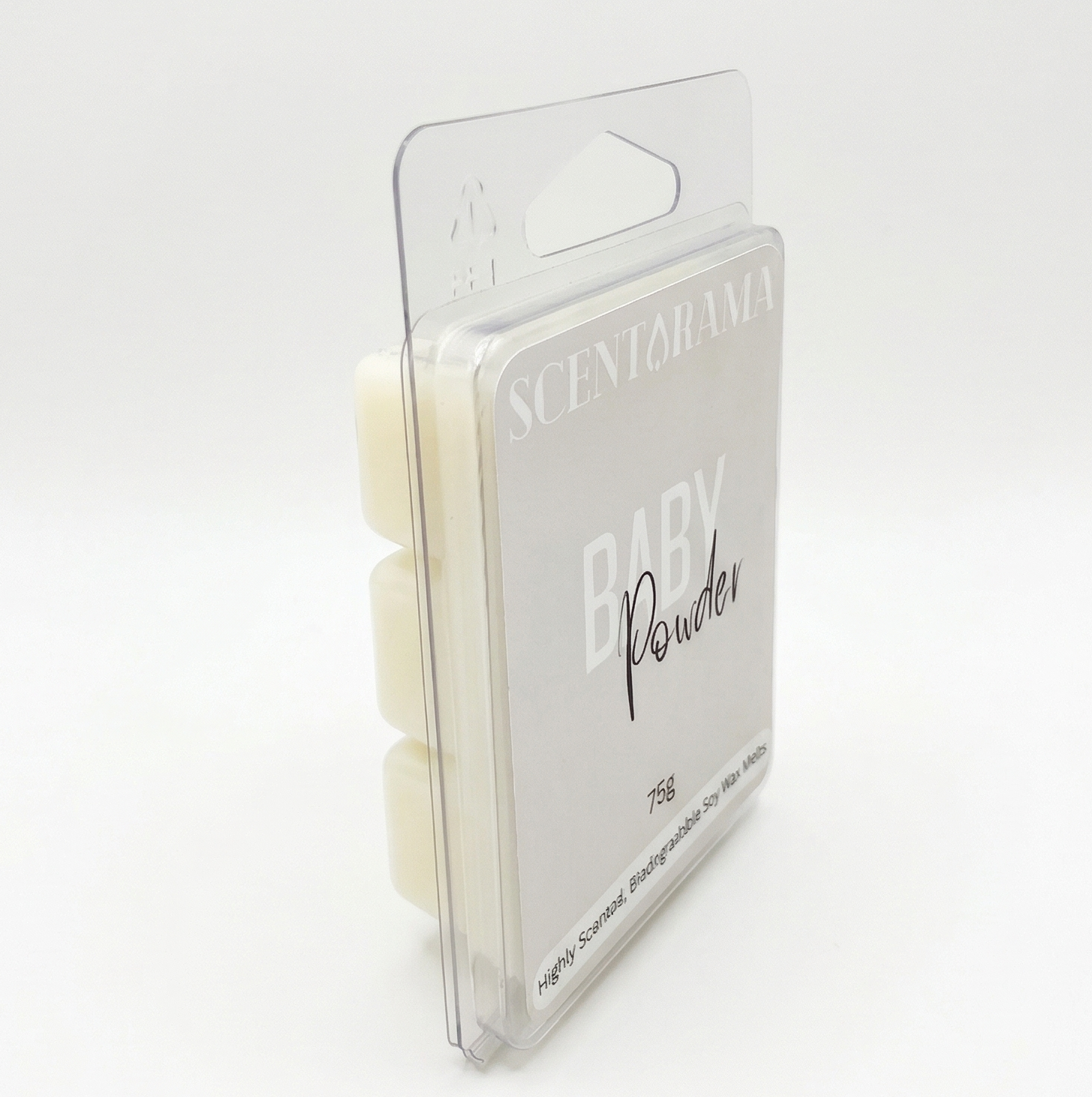 Scentarama Packaged baby powder wax melts with a clear plastic cover on a white background