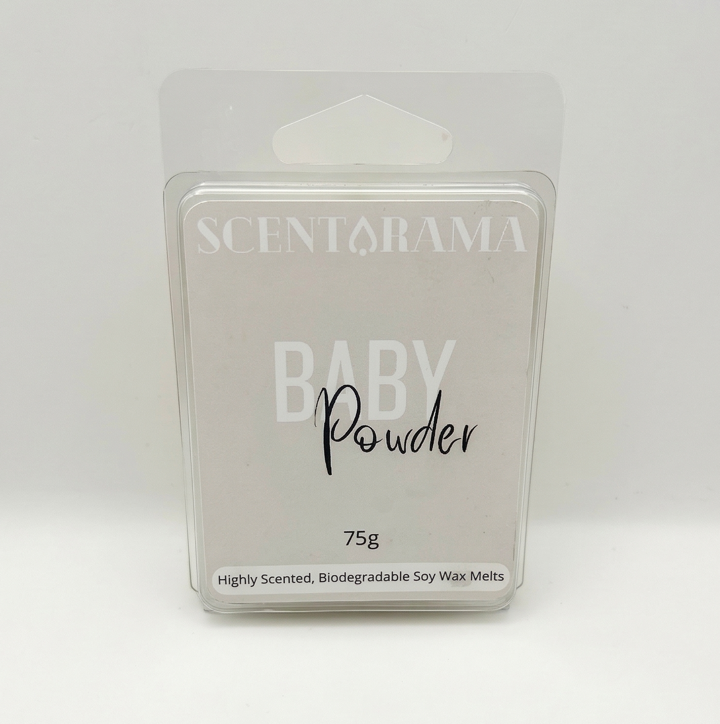 Scentarama Baby Powder wax melt packaging on a white background