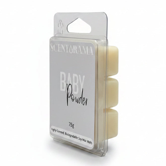 A package of Scentarama Baby Powder, featuring three small cream-colored wax melts in a clear plastic clamshell with a white paper label, set against a plain light gray background.