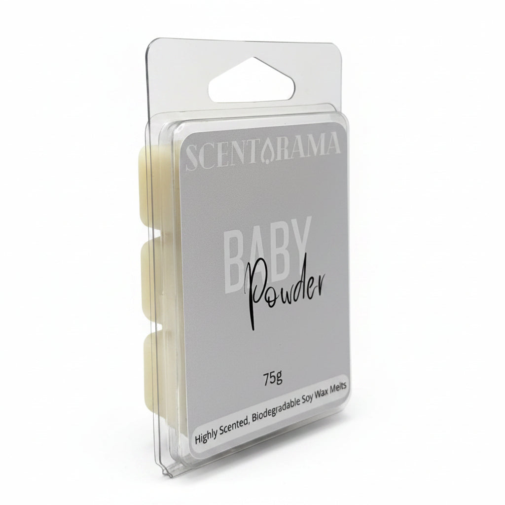 Scentarama Baby Powder scented wax melts in a clear plastic clamshell package with a white label, photographed against a neutral light gray background.