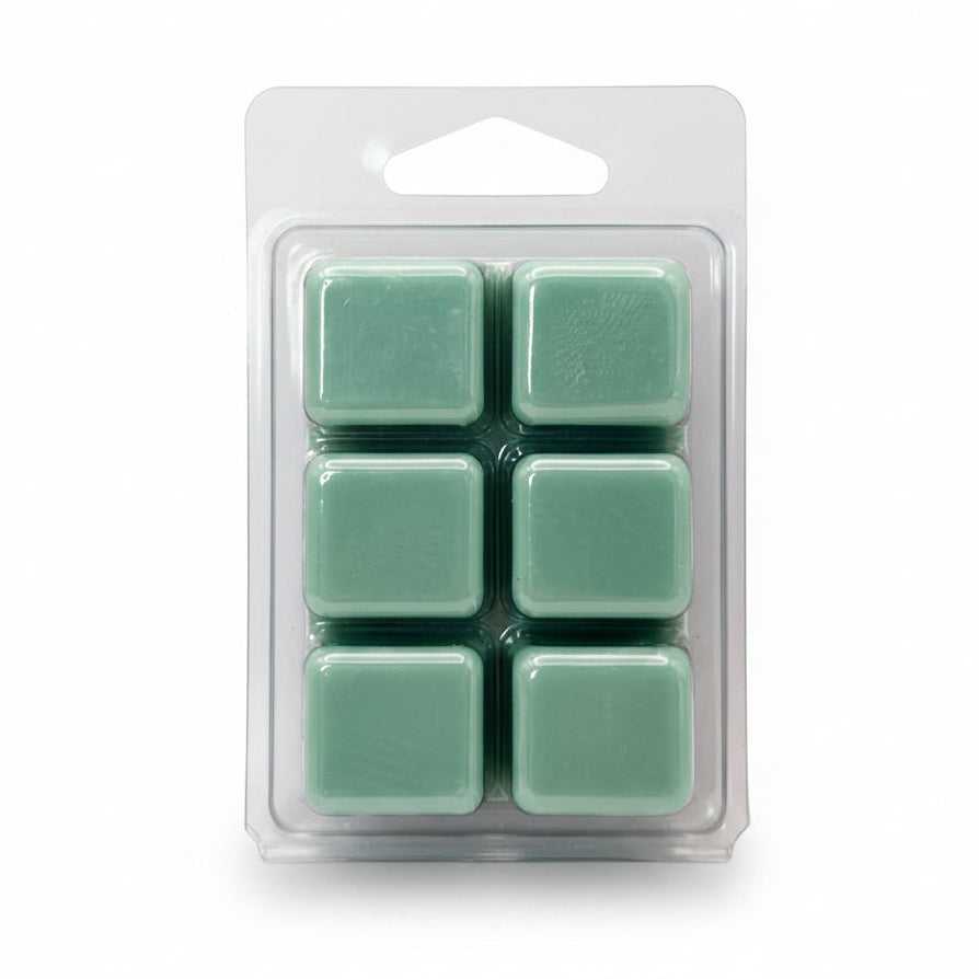 Six mint green Bergamot Serenity by Scentarama Soy wax melts in a clear plastic clamshell package, centered on a light white background.
