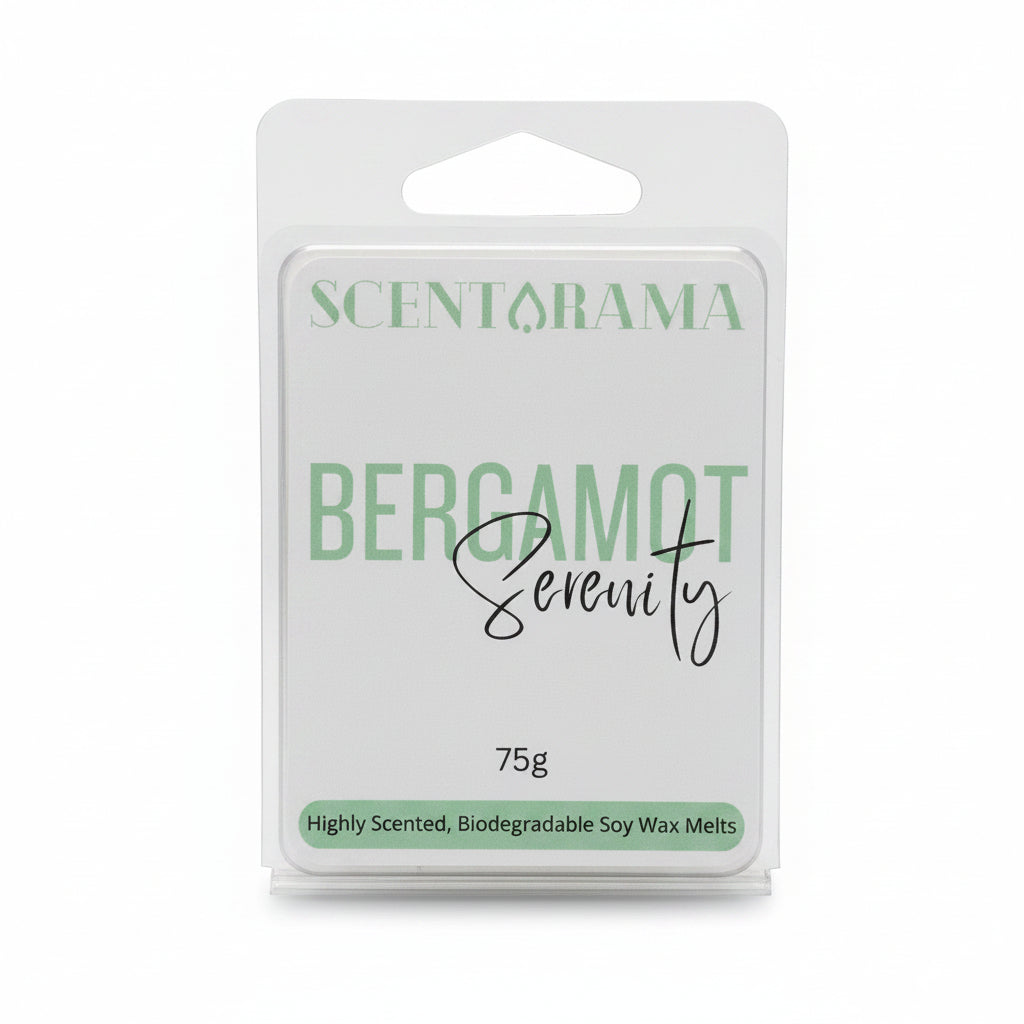 A 75g package of Scentarama Bergamot Serenity soy wax melts in a clear plastic clamshell container, set against a plain light white background.