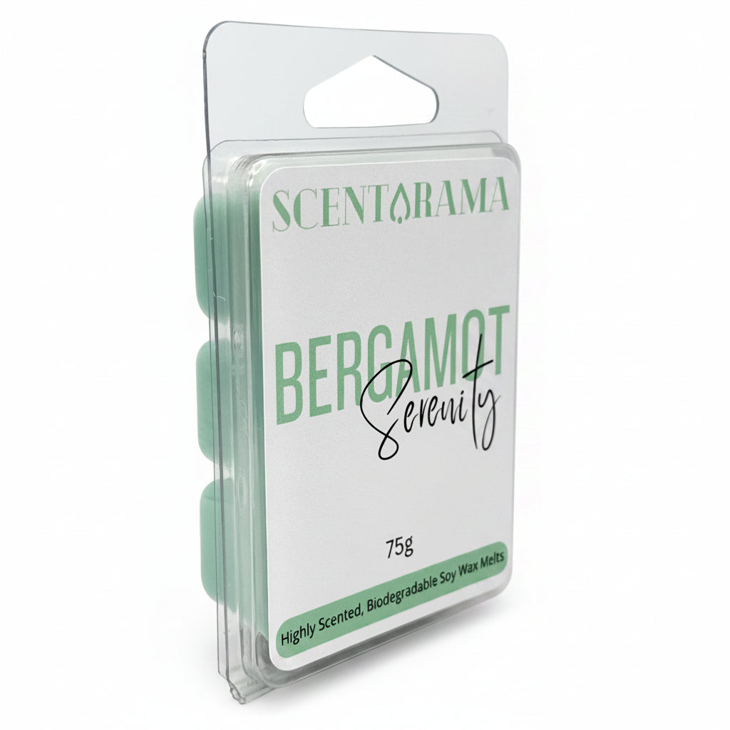 A packaged Scentarama Bergamot Serenity scented wax melt in a clear plastic clamshell package with a white label and mint green accents, photographed on a light white background.