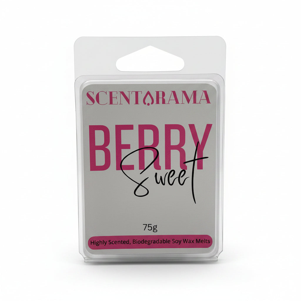 A 75g package of Scentarama Berry Sweet soy wax melts in a clear plastic clamshell container with a white label and pink text.