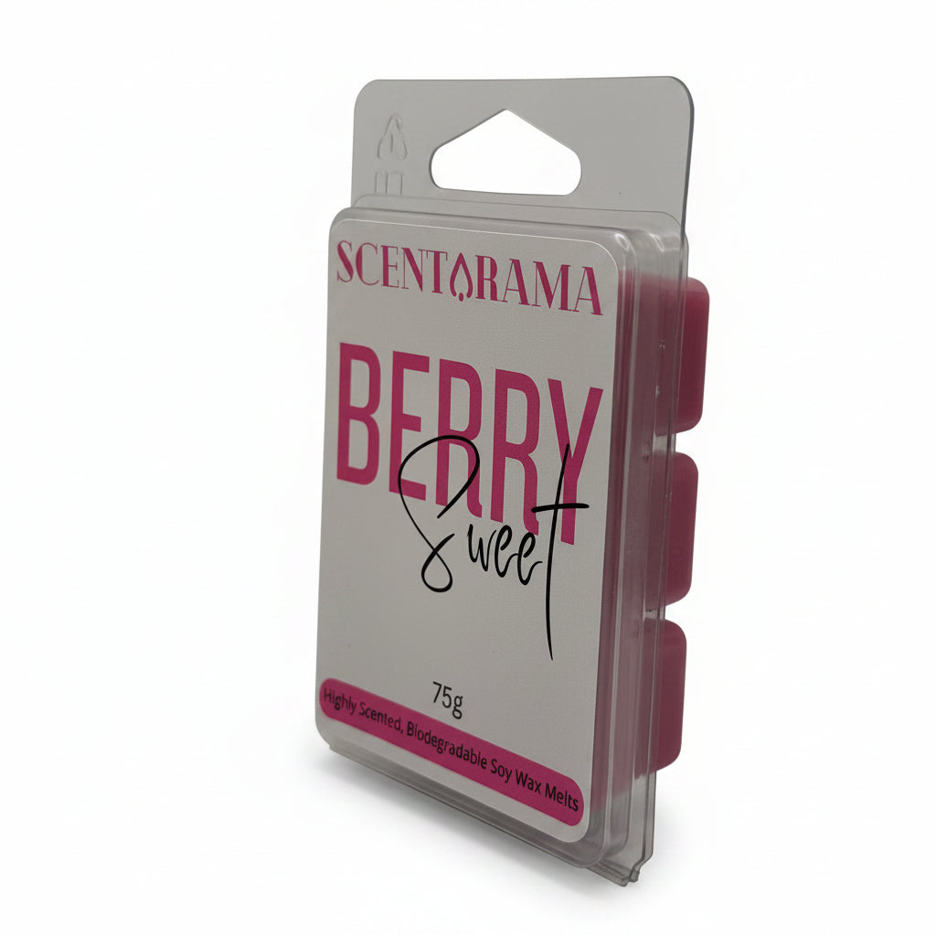 A small packaged product labeled SCENTARAMA BERRY Sweet, shown upright in a clear plastic blister pack on a plain light background.