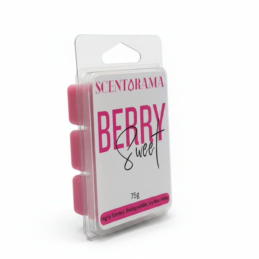 A packaged Scentarama Berry Sweet wax melt in a clear blister pack with three pink wax tabs visible, photographed on a plain light background.