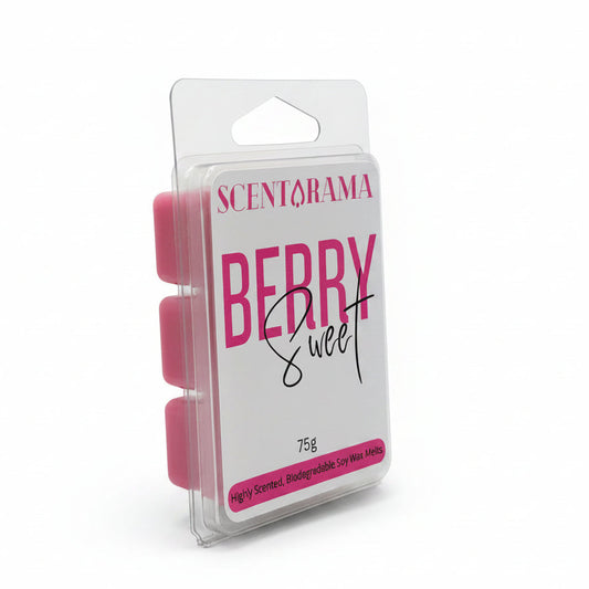A packaged Scentarama Berry Sweet wax melt in a clear blister pack with three pink wax tabs visible, photographed on a plain light background.