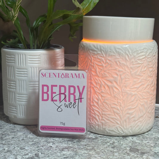 Berry Sweet Soy Wax Melts by Scentarama Product Photo propped up against a Botanical Wax Melt Warmer and potted plant