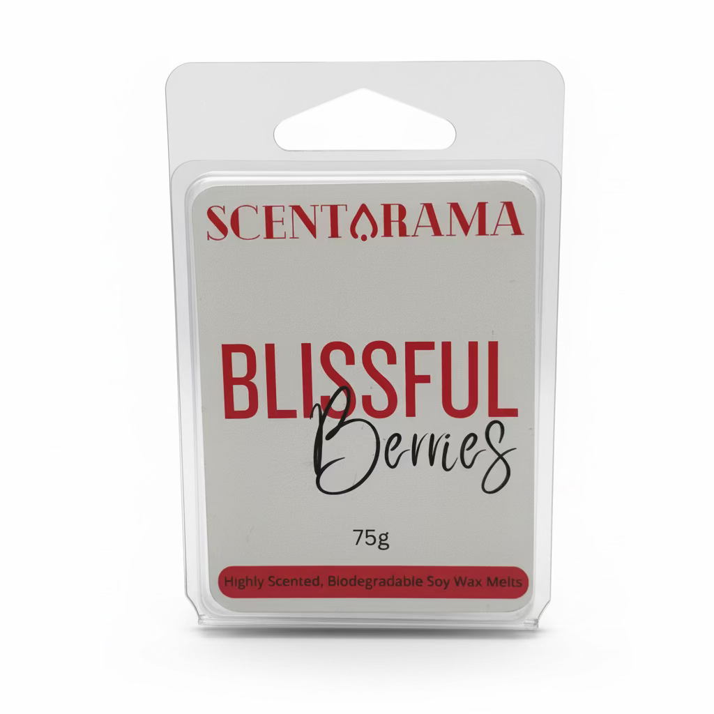 A 75g package of Scentarama Blissful Berries scented wax melts in a clear plastic clamshell container, set against a neutral white background.
