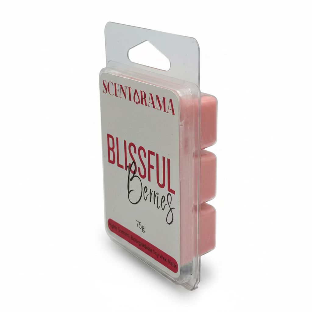 Scentarama Blissful Berries wax melts in a clear plastic clamshell package with a white and red label, set against a plain light white background.