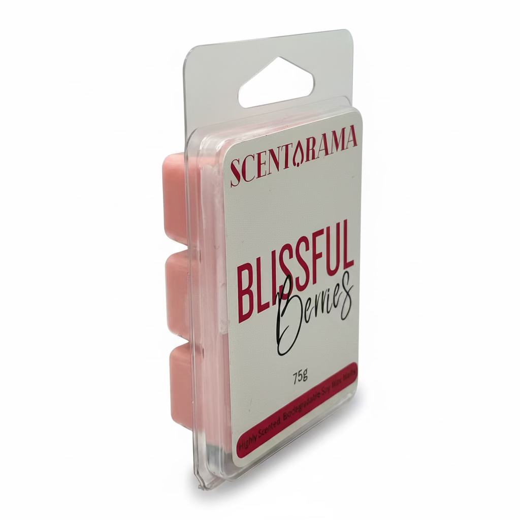 A package of Scentarama Blissful Berries wax melts in a clear plastic clamshell with a white and red label, standing upright on a light gray background.
