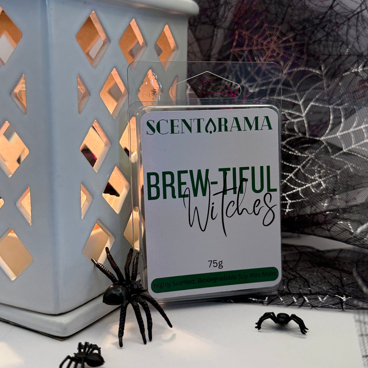BrewTiful Witches Soy Wax Melts by Scentarama Product Photo with Halloween Props and a lantern wax warmer