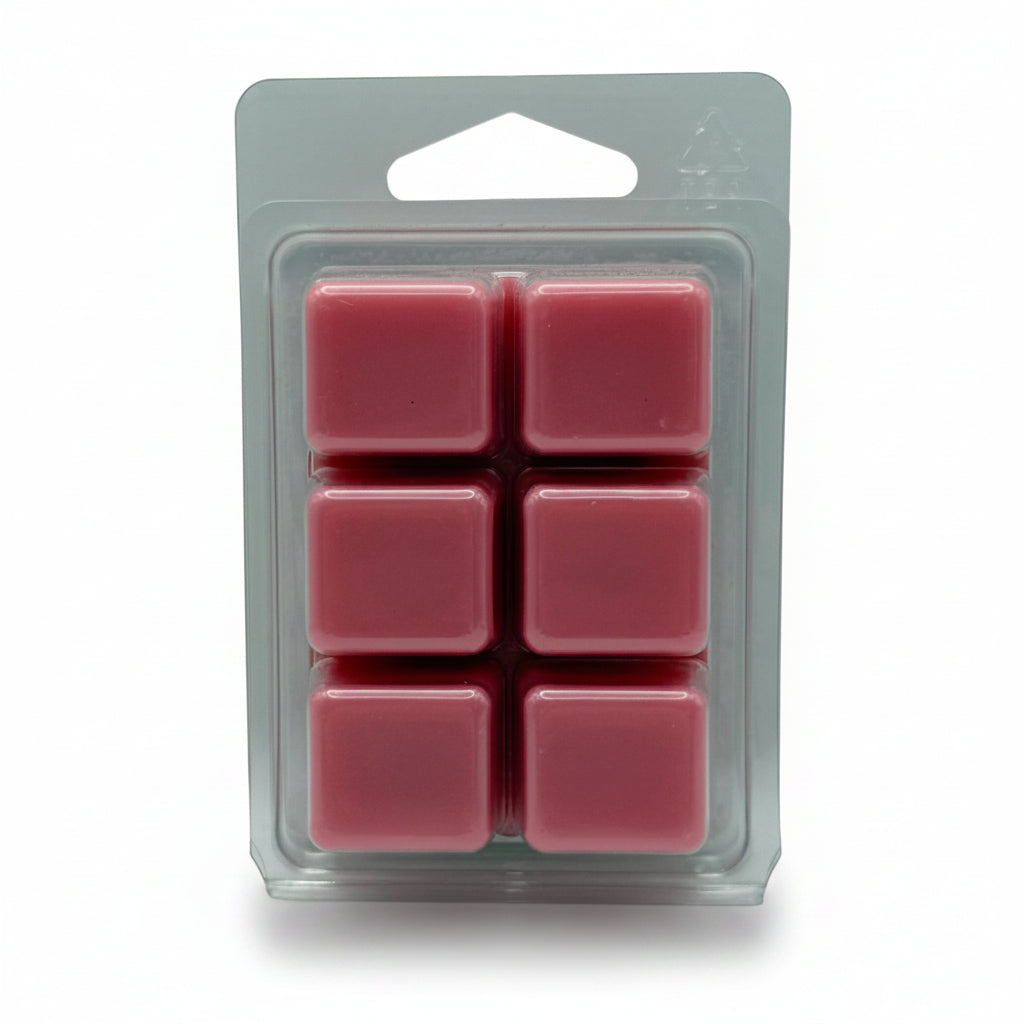 Scentarama Six pink wax melts in a clear plastic clamshell package on a light White background.