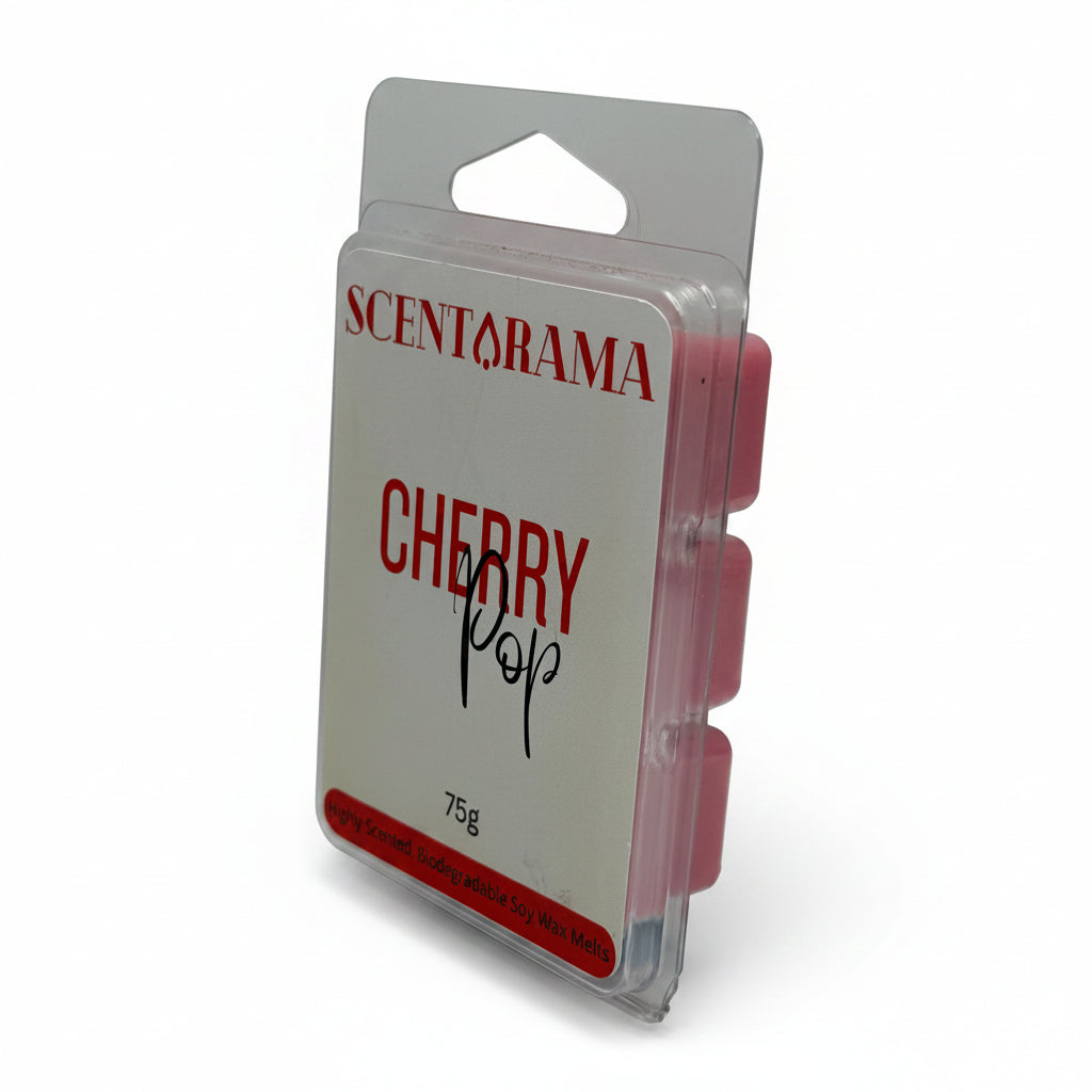 Scentarama Cherry Pop wax melts in a clear plastic clamshell package with a white label and red text, photographed on a light gray background.