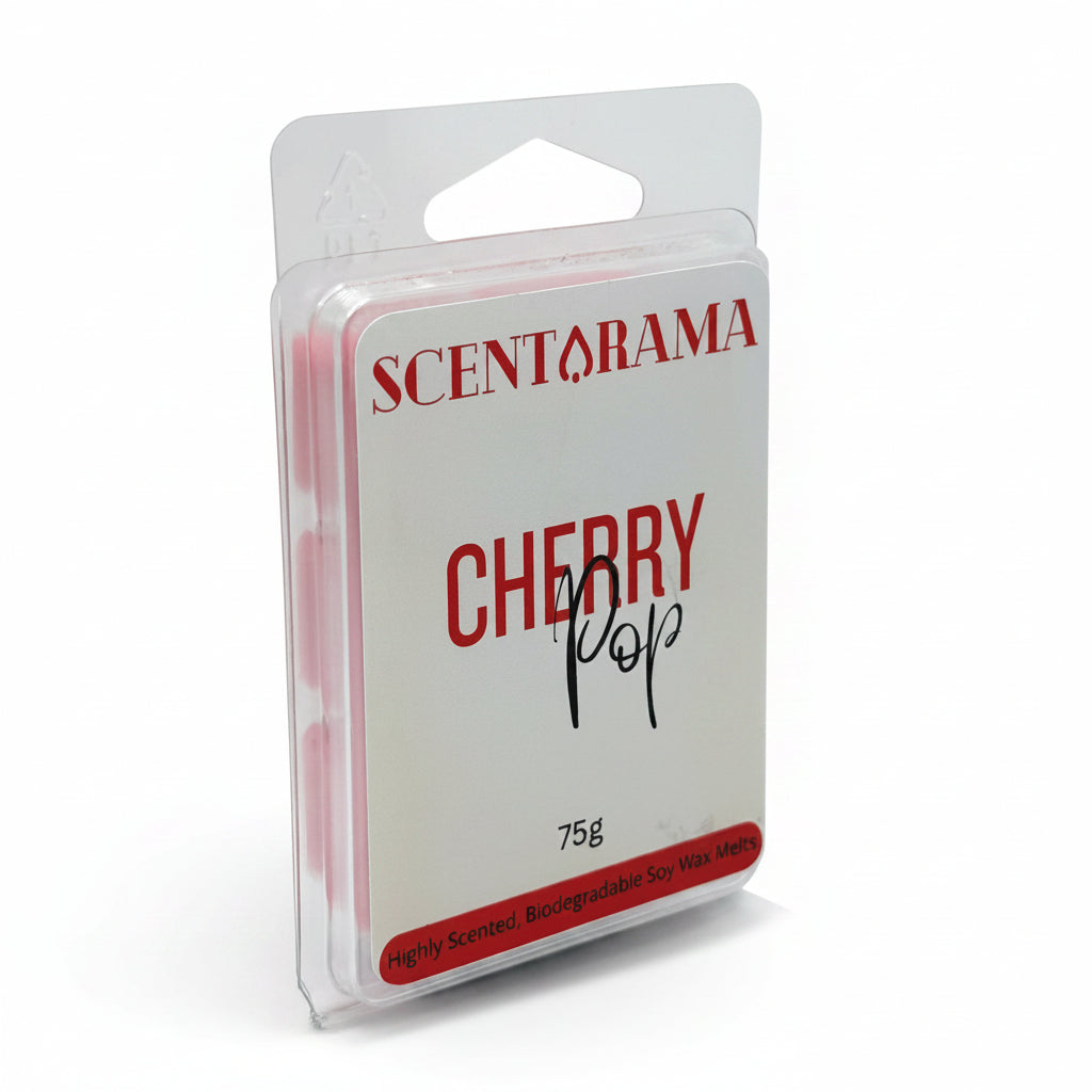 A packaged Scentarama Cherry Pop wax melt in a clear plastic clamshell package with a white label and red text, photographed on a plain light white background.