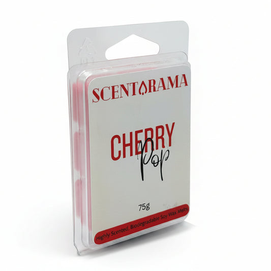 A packaged Scentarama Cherry Pop wax melt in a clear plastic clamshell package with a white label and red text, photographed on a plain light white background.