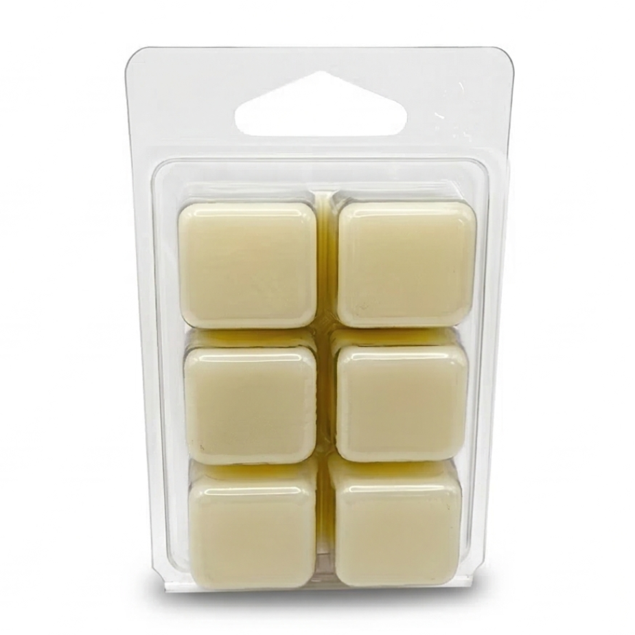 Pack of six square off white wax melts in a clear plastic packaging on a white background