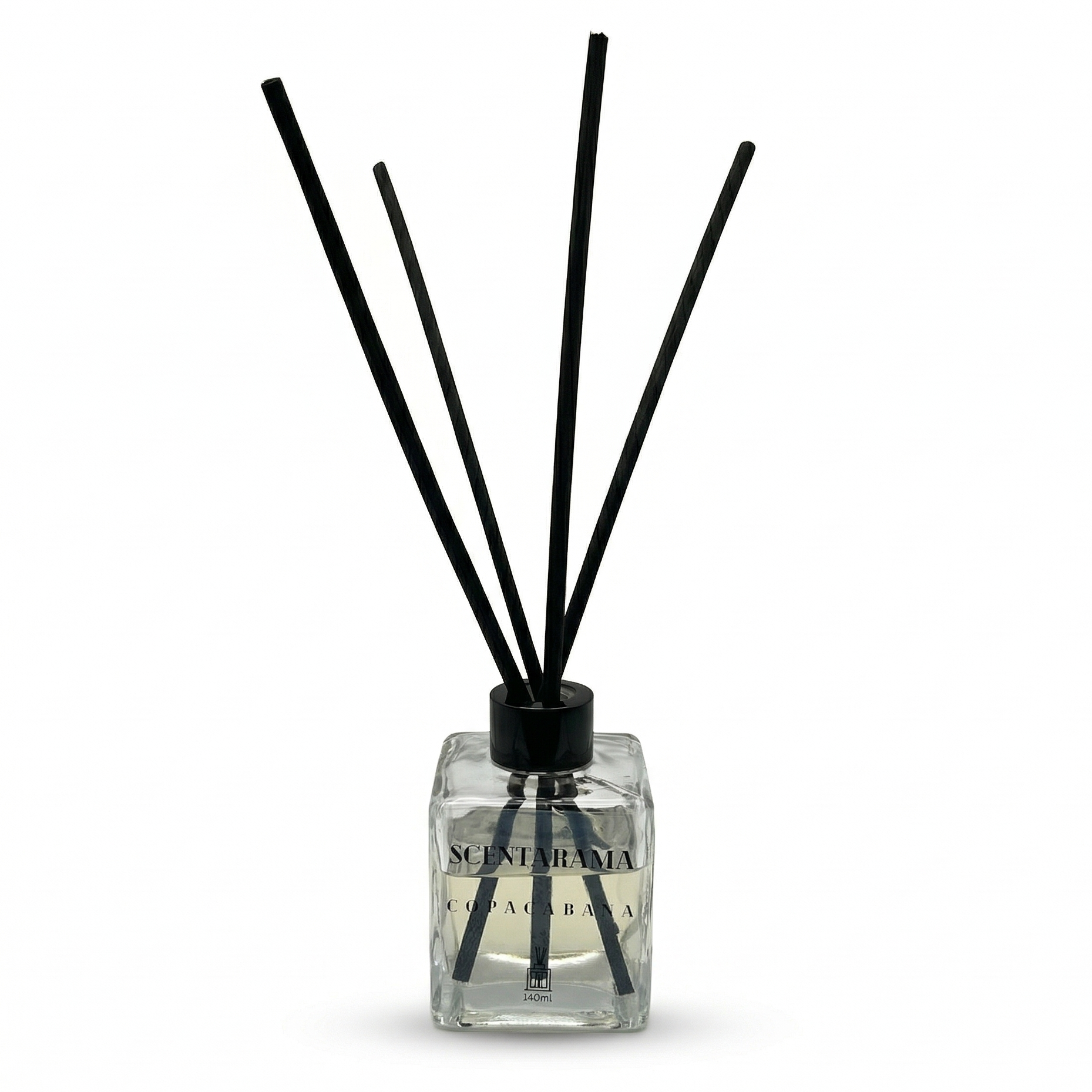 Reed diffuser in Copacabana Scent with black sticks in a clear bottle on a white background