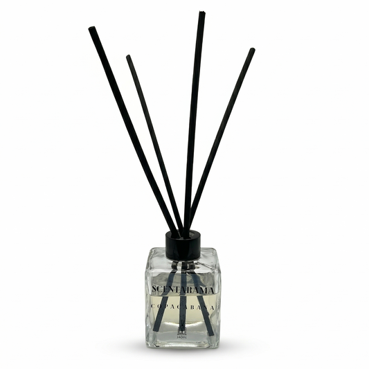 Reed diffuser in Copacabana Scent with black sticks in a clear bottle on a white background
