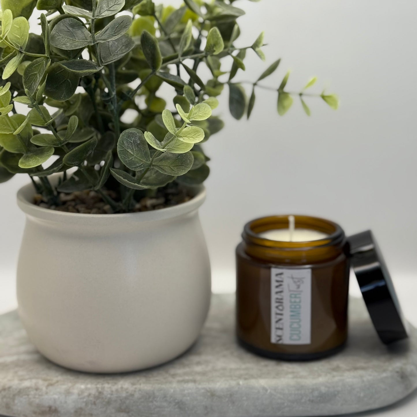 Potted plant and Cucumber Twist amber jar candle on a stone surface with a white background, featuring a Scentarama label
